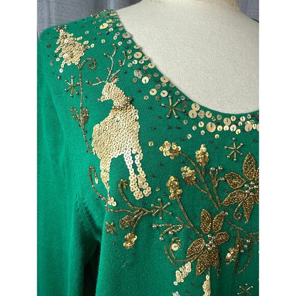 Emerald Green with Gold Sequined Embellishment Christmas Sweater Sz1XL - Picture 2 of 5